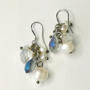 White Freshwater Pearl Blue Crystal Dangle Earrings In Sterling Silver